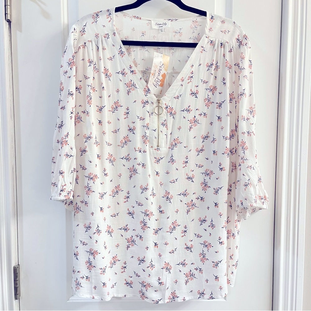Siren Lily Women quarter-zip blouse, 3x (runs small), white w/ navy/peach floral
